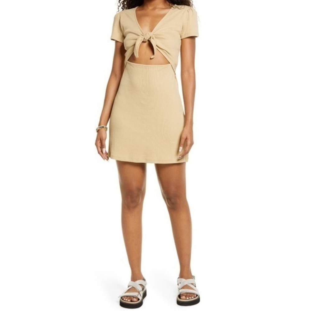 BP Women's Beige Tie Front Knot Cut-off Dress